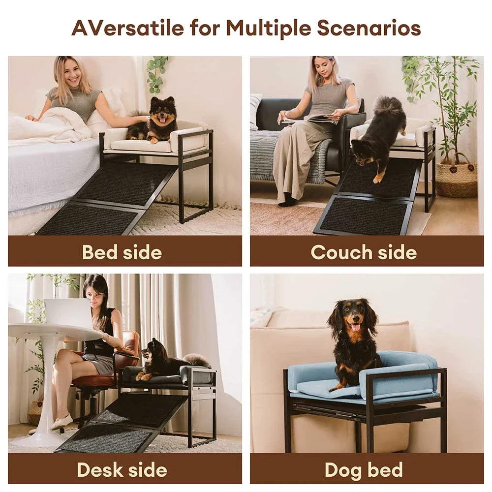 Elevated Pet Sofa Bed with Stairs Ramp for Bedside Lounge or Dog Window Perch