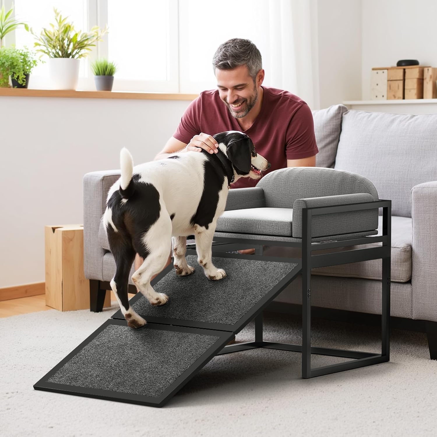 Elevated Pet Sofa Bed with Stairs Ramp for Bedside Lounge or Dog Window Perch