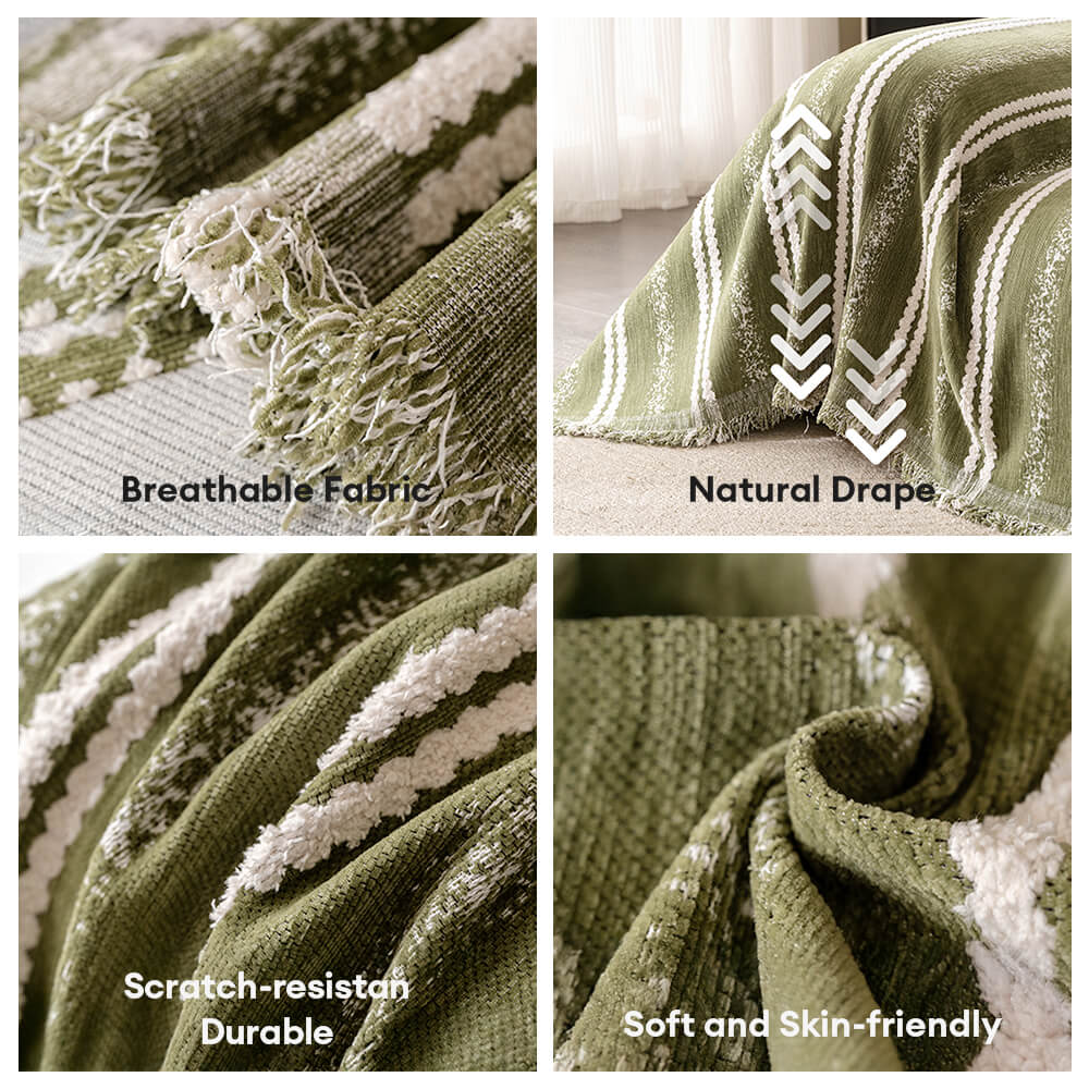 Decorative Stripe Tassel Chenille Throw Couch Cover