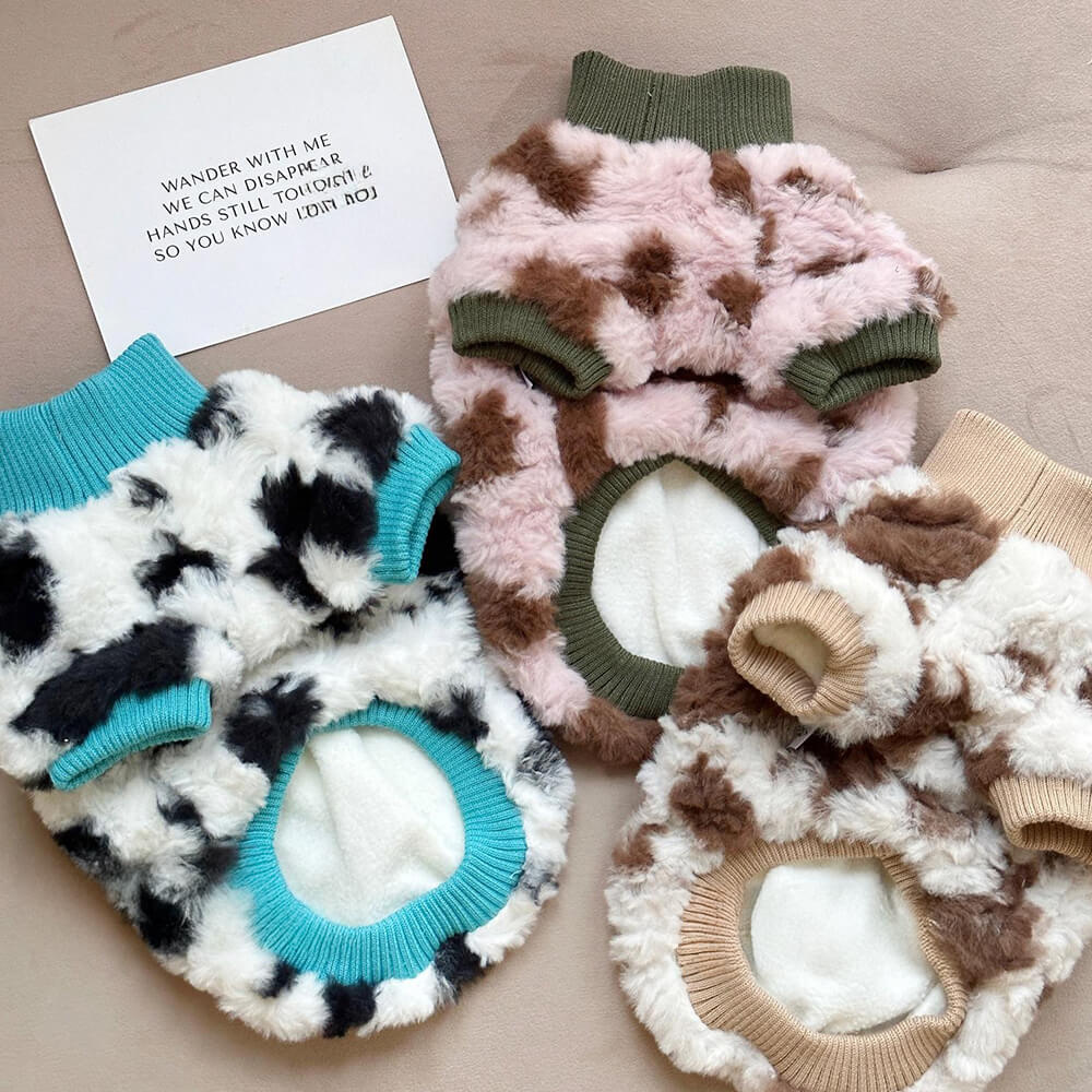 Fluffy Cow Print Dog Sweater - Cozy and Trendy Winter Wear