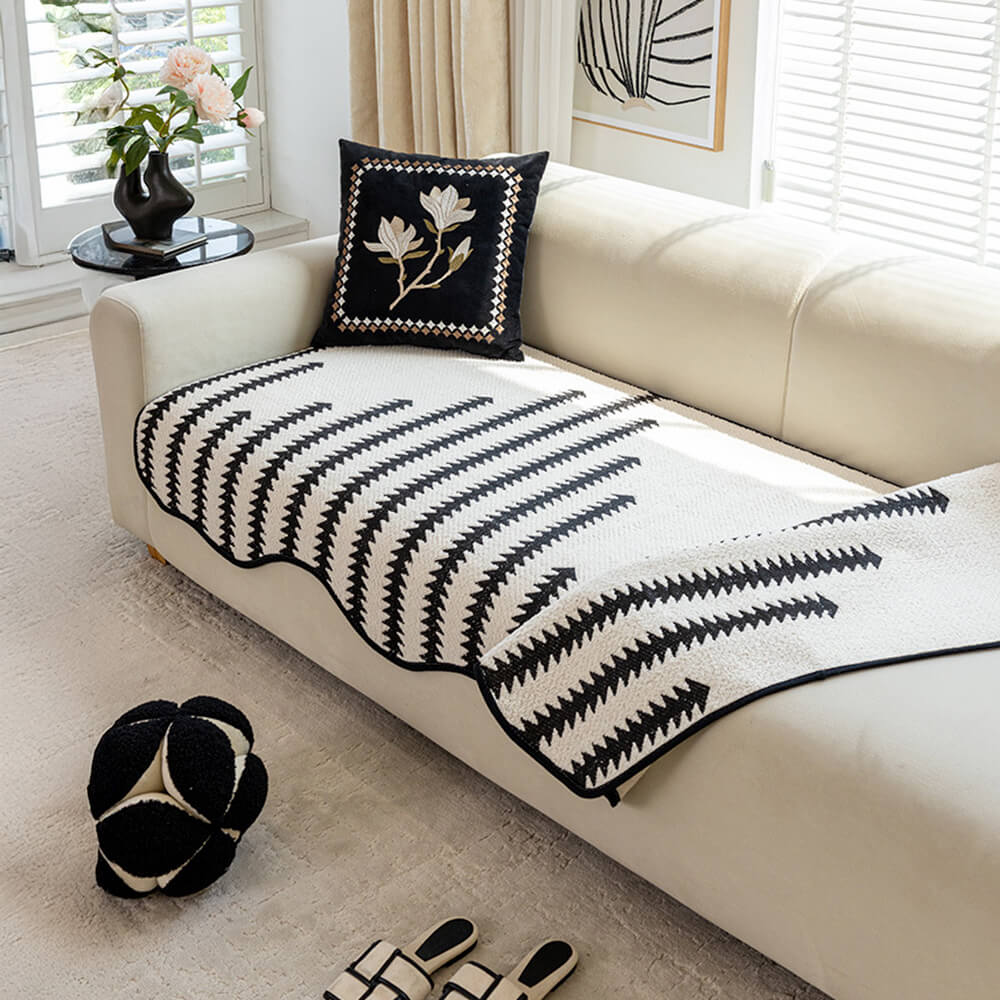 Modern Chevron Stripes Chenille Couch Cover with Wavy Edges