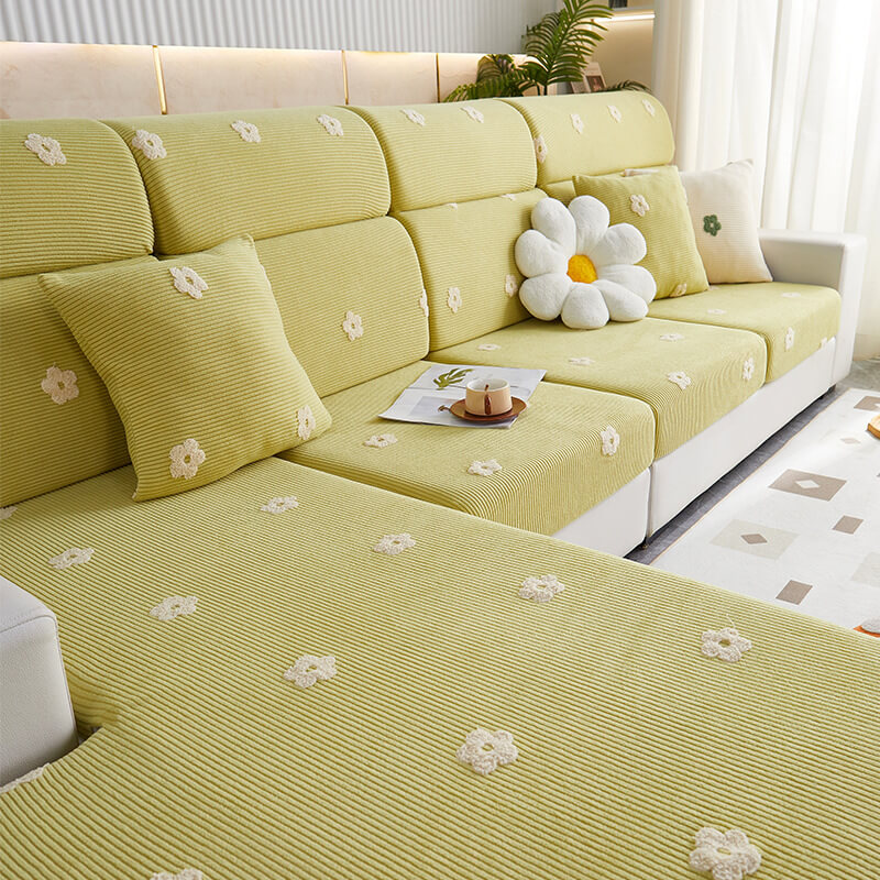 Floral Embroidered Fleece Sofa Anti-Scratch Stretch Couch Cover