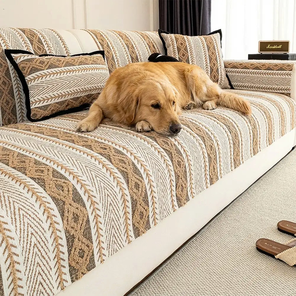 Color-Blocked Striped Chenille Non-Slip Couch Cover - Suitable For All Seasons
