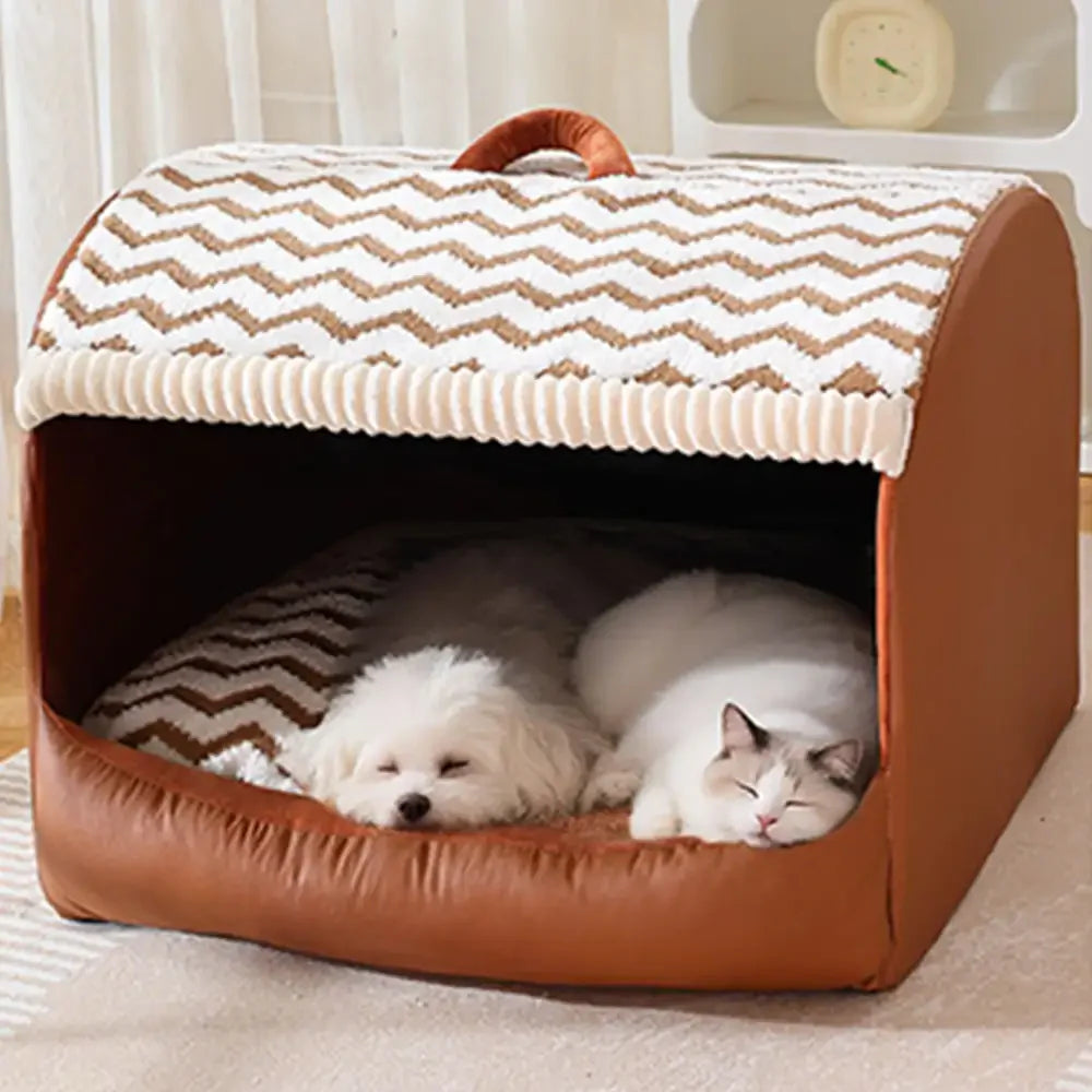 Cozy Cabin Portable Semi-Enclosed Dog Bed with Roof Warming And Durable