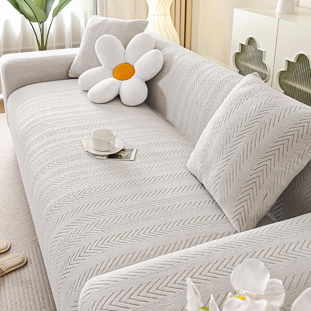 Elegant Herringbone Cream Aesthetic Stretch Couch Cover