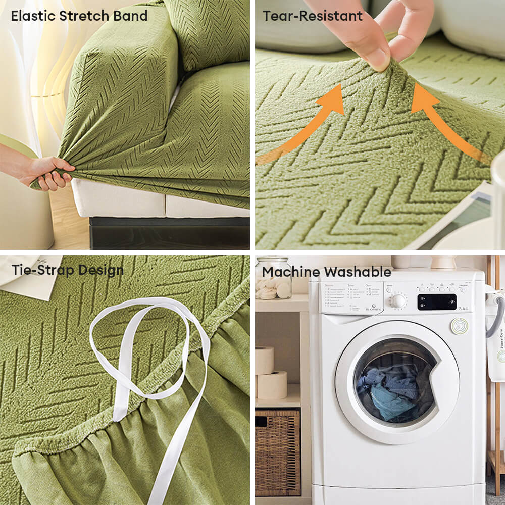 Elegant Herringbone Cream Aesthetic Stretch Couch Cover