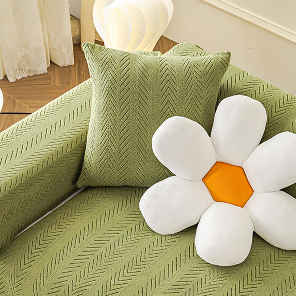 Elegant Herringbone Cream Aesthetic Stretch Couch Cover