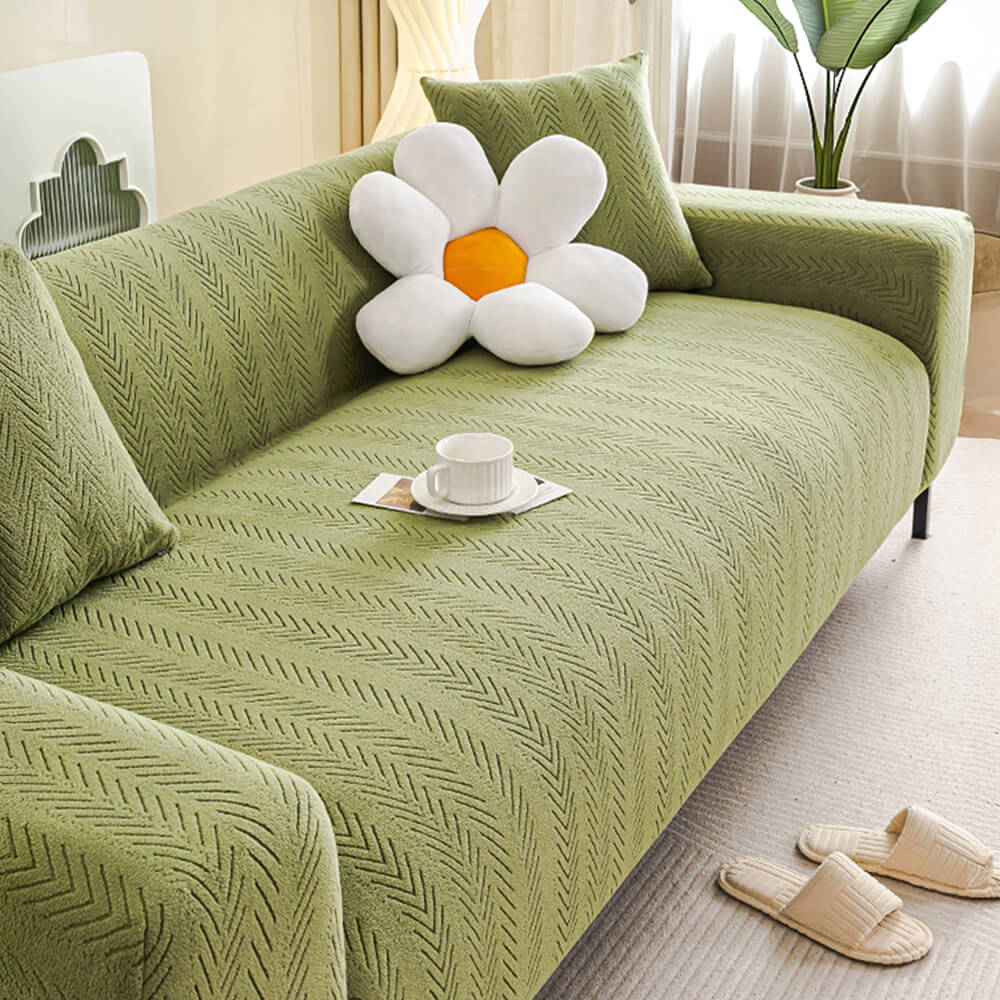 Elegant Herringbone Cream Aesthetic Stretch Couch Cover