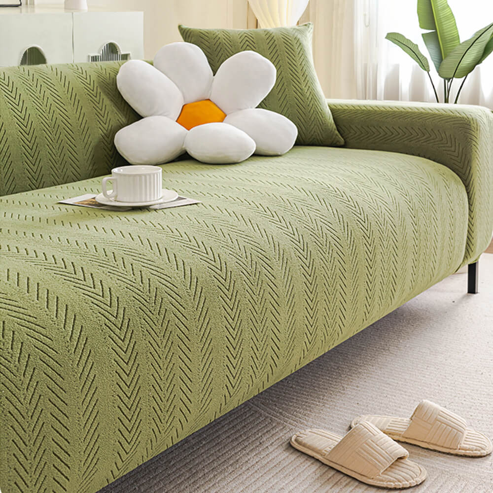 Elegant Herringbone Cream Aesthetic Stretch Couch Cover