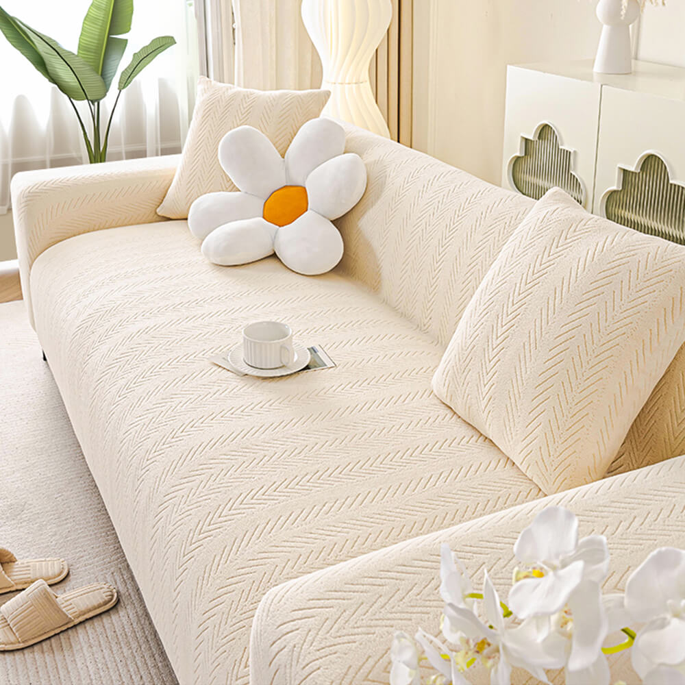 Elegant Herringbone Cream Aesthetic Stretch Couch Cover