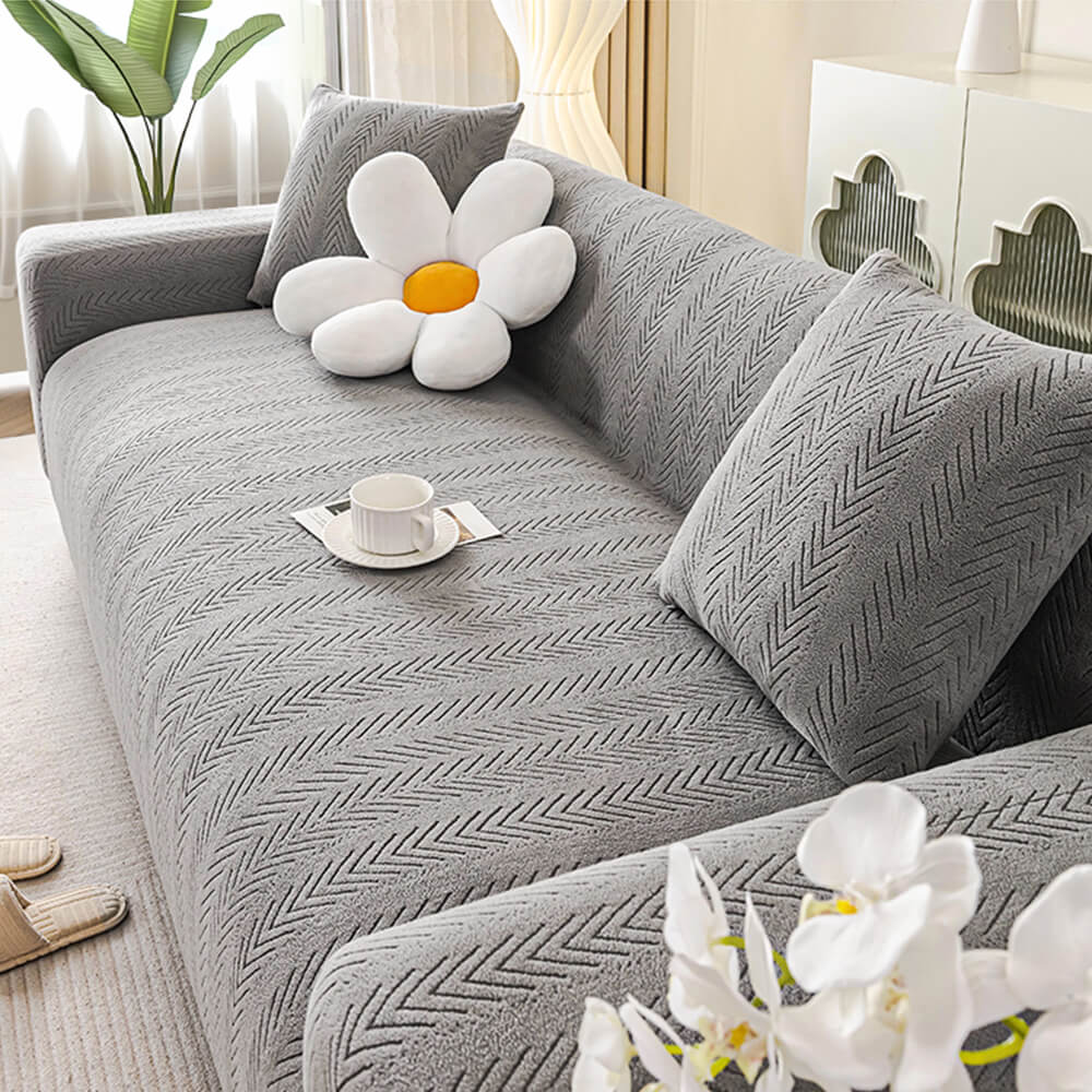 Elegant Herringbone Cream Aesthetic Stretch Couch Cover