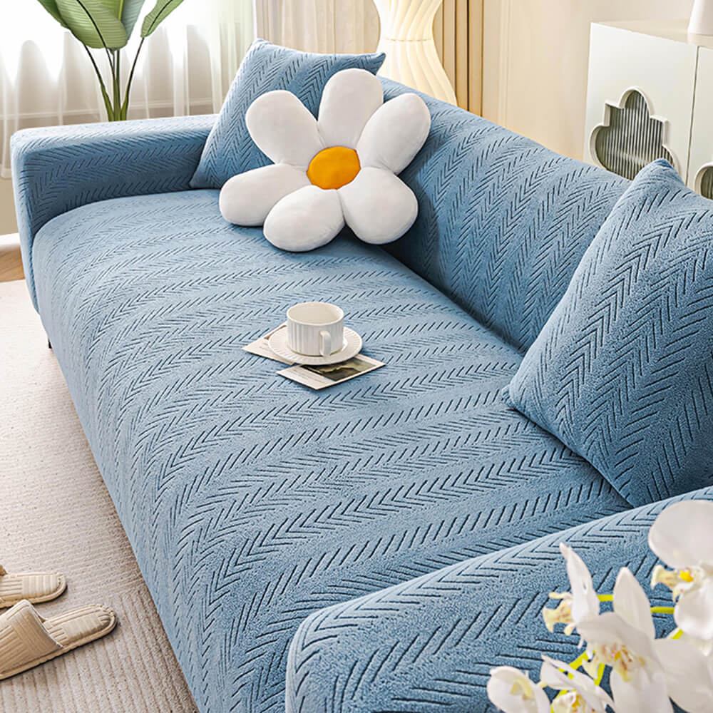 Elegant Herringbone Cream Aesthetic Stretch Couch Cover