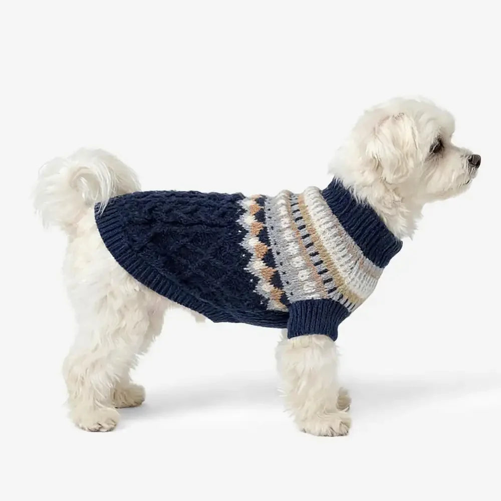Fair Isle Pattern Knitted Linen Dog Sweater with Classic Collar