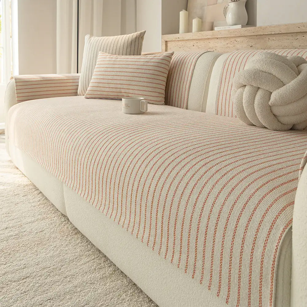 Faux Cotton-Linen Chenille Striped Breathable Scratch-Resistant Couch Cover