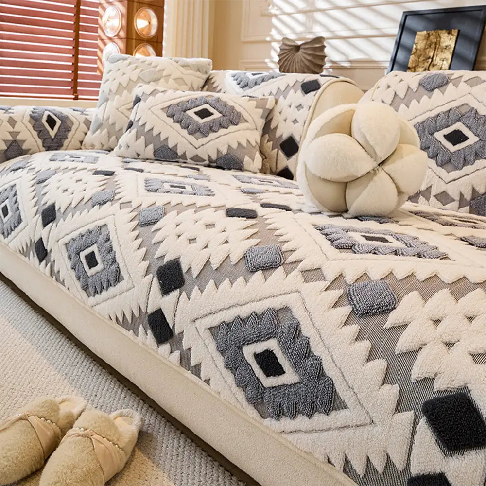 Modern Geometric Thick Plush Anti-Scratch Non-Slip Couch Cover