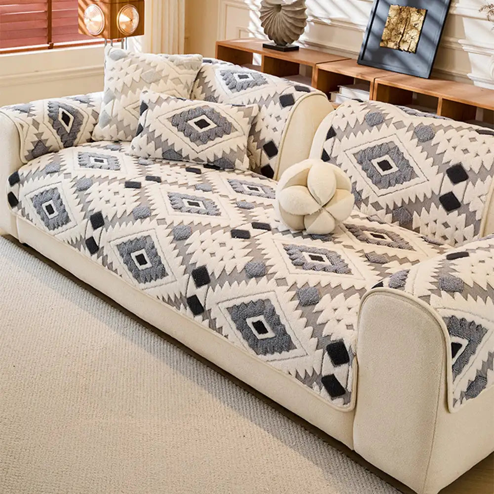 Modern Geometric Thick Plush Anti-Scratch Non-Slip Couch Cover