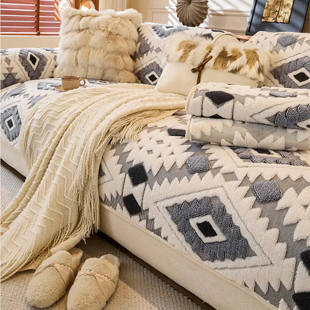 Modern Geometric Thick Plush Anti-Scratch Non-Slip Couch Cover