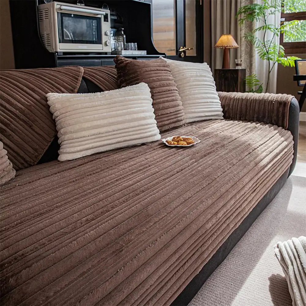Modern Asymmetrical Stripes Soft Plush Non-Slip Couch Cover