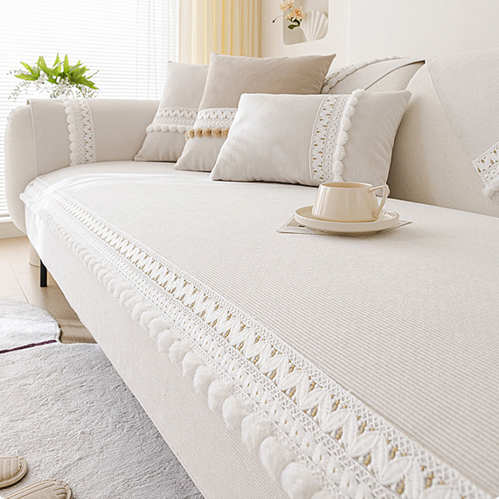 All-Season Water-resistant Anti-Scratch Soft Corduroy Couch Cover with Pom-Poms