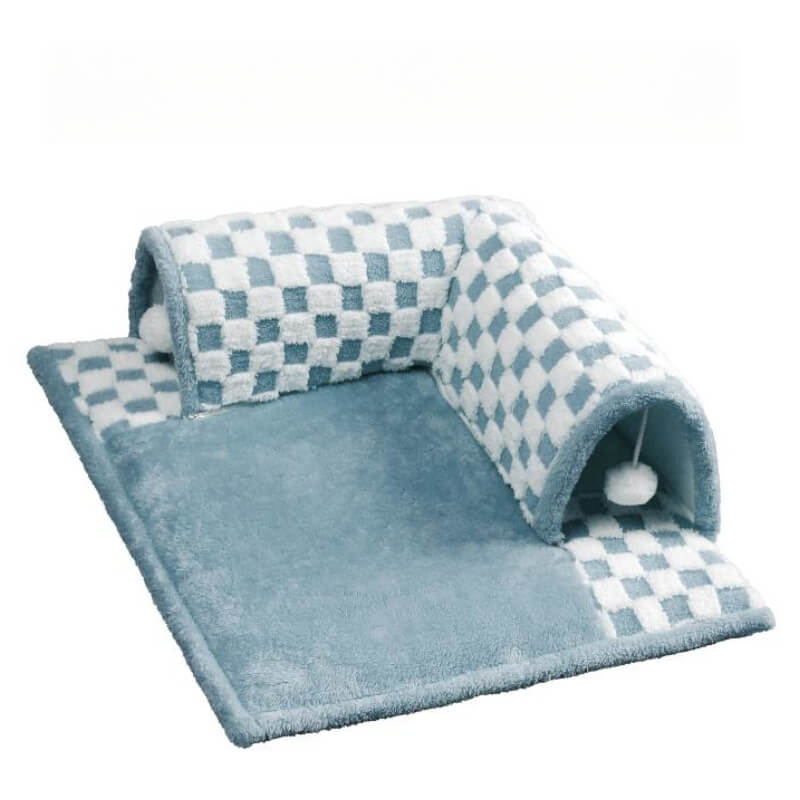 2-in-1 Funny Plush Plaid Checkered Cat Tunnel Bed