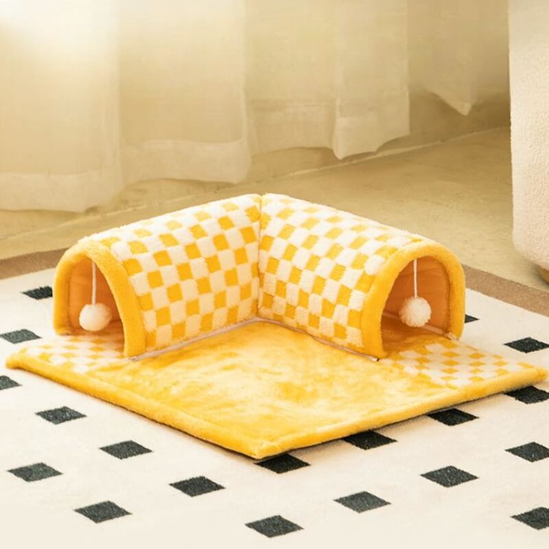 2-in-1 Funny Plush Plaid Checkered Cat Tunnel Bed