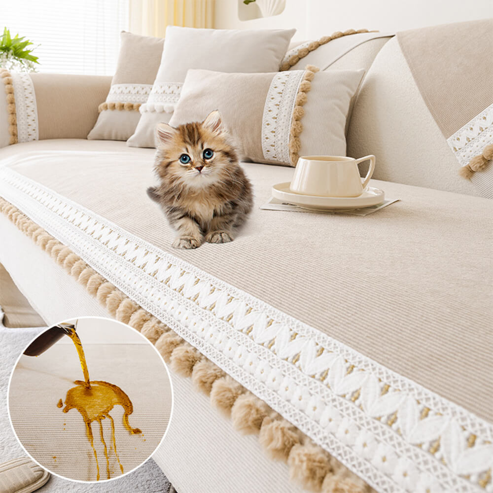 All-Season Water-resistant Anti-Scratch Soft Corduroy Couch Cover with Pom-Poms