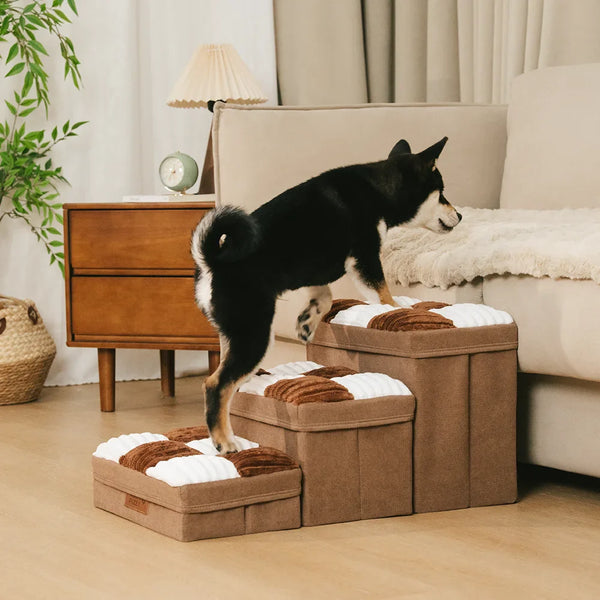 Detachable Chessboard Plaid Handcrafted Dog Stairs with Storage - Foldable Steps