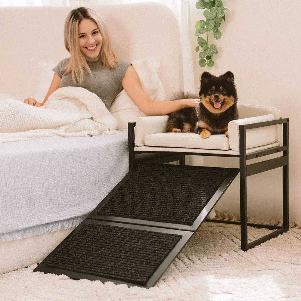 Elevated Pet Sofa Bed with Stairs Ramp for Bedside Lounge or Dog Window Perch