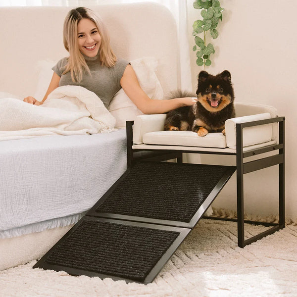 Elevated Pet Sofa Bed with Stairs Ramp for Bedside Lounge or Dog Window Perch