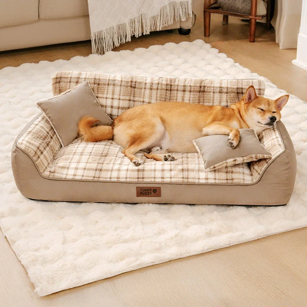 Vintage Plaid Plush Orthopedic Dog Sofa Bed with Pillows - CozyLuxe