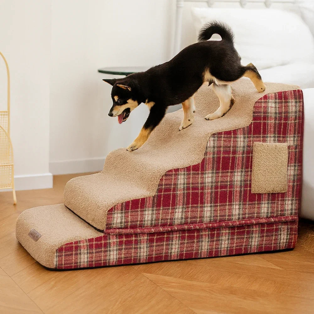 Plush Plaid High-Density Sponge Removable Pet Ramp Stairs - ComfyClimb