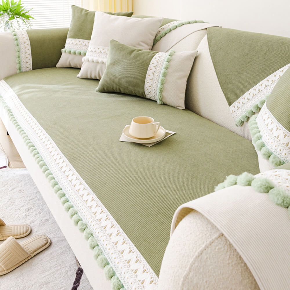 All-Season Water-resistant Anti-Scratch Soft Corduroy Couch Cover with Pom-Poms