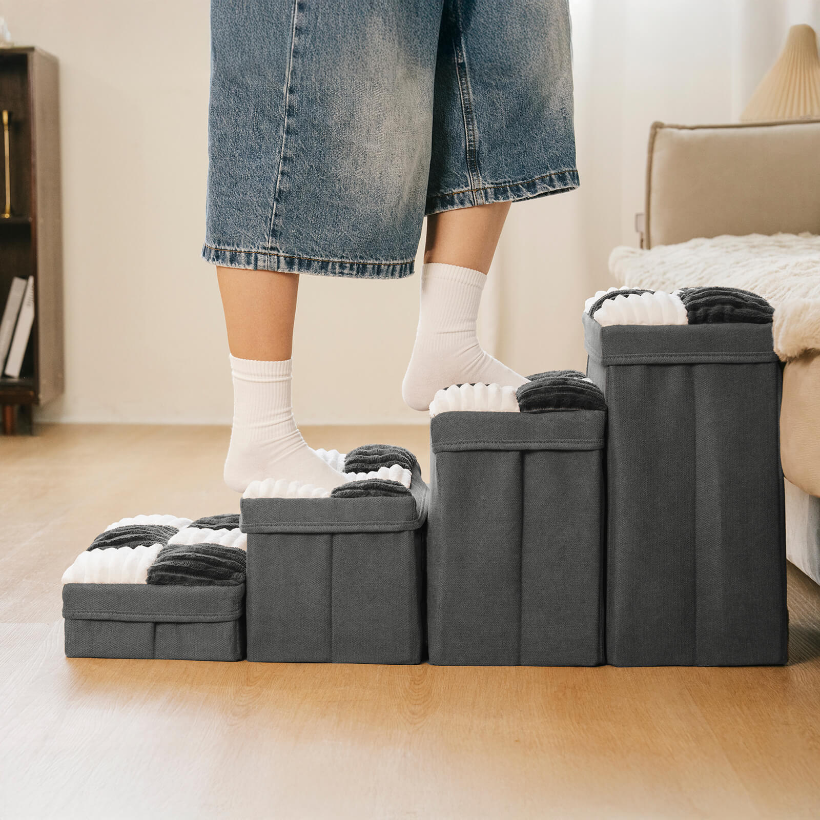 Detachable Chessboard Plaid Handcrafted Dog Stairs with Storage - Foldable Steps