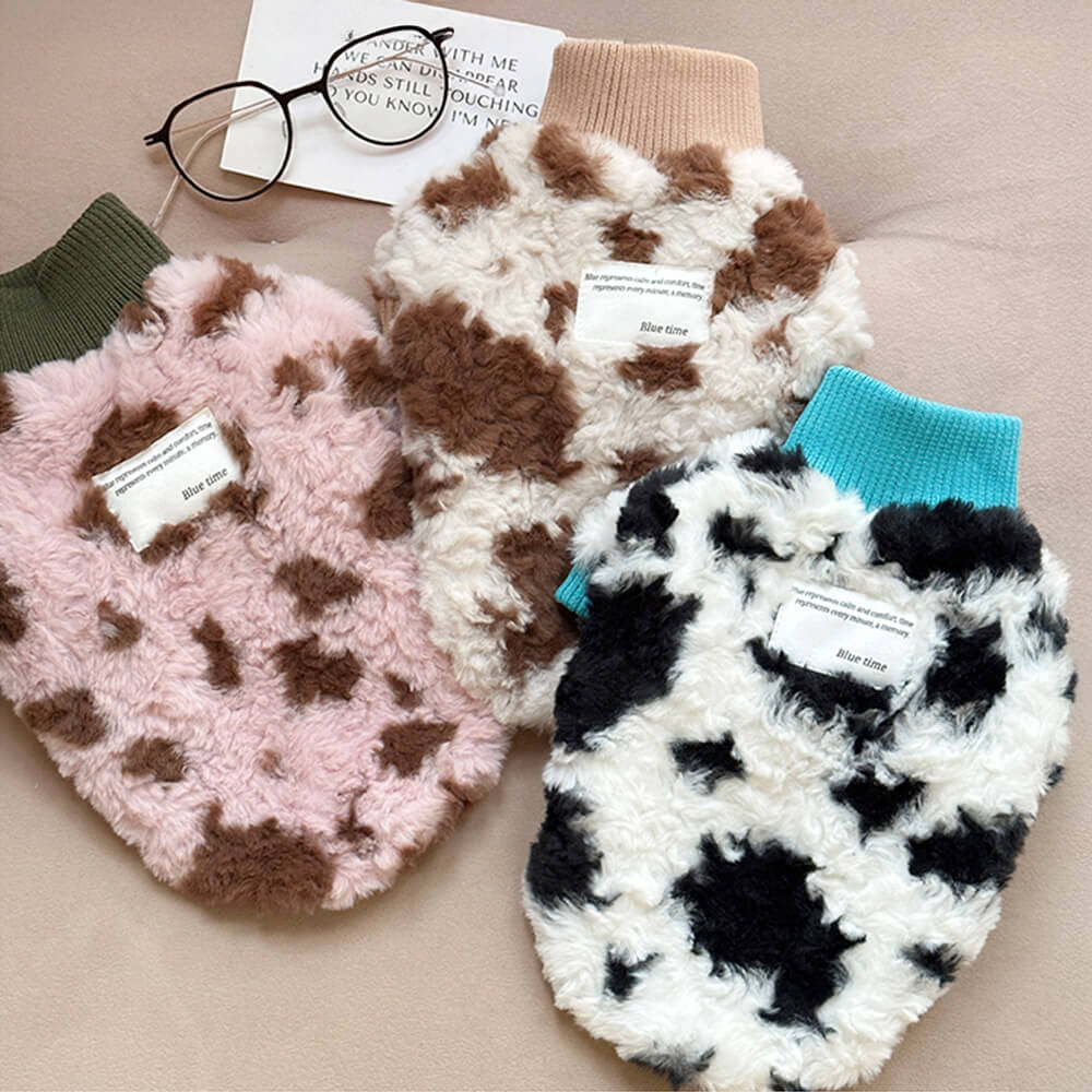 Fluffy Cow Print Dog Sweater - Cozy and Trendy Winter Wear