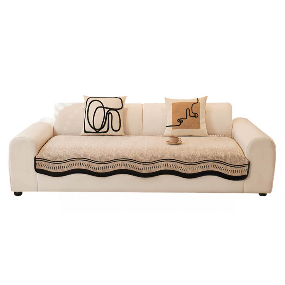 Non-Slip Herringbone Chenille Couch Cover with Wavy Edges