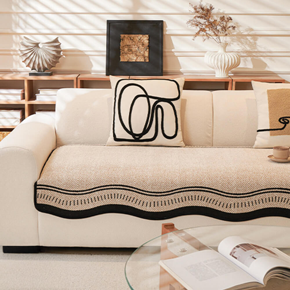 Non-Slip Herringbone Chenille Couch Cover with Wavy Edges