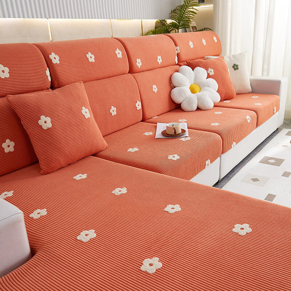 Floral Embroidered Fleece Sofa Anti-Scratch Stretch Couch Cover