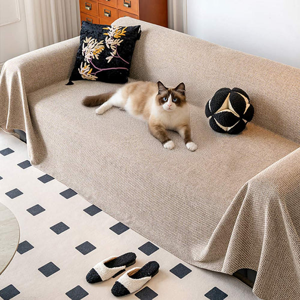 Breathable Woven Linen-Look Scratch-Resistant Throw Couch Cover