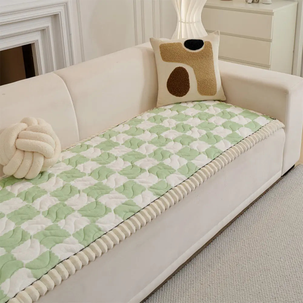 Checkered Velvet Sofa Pad Anti-Slip Quilted Couch Cover
