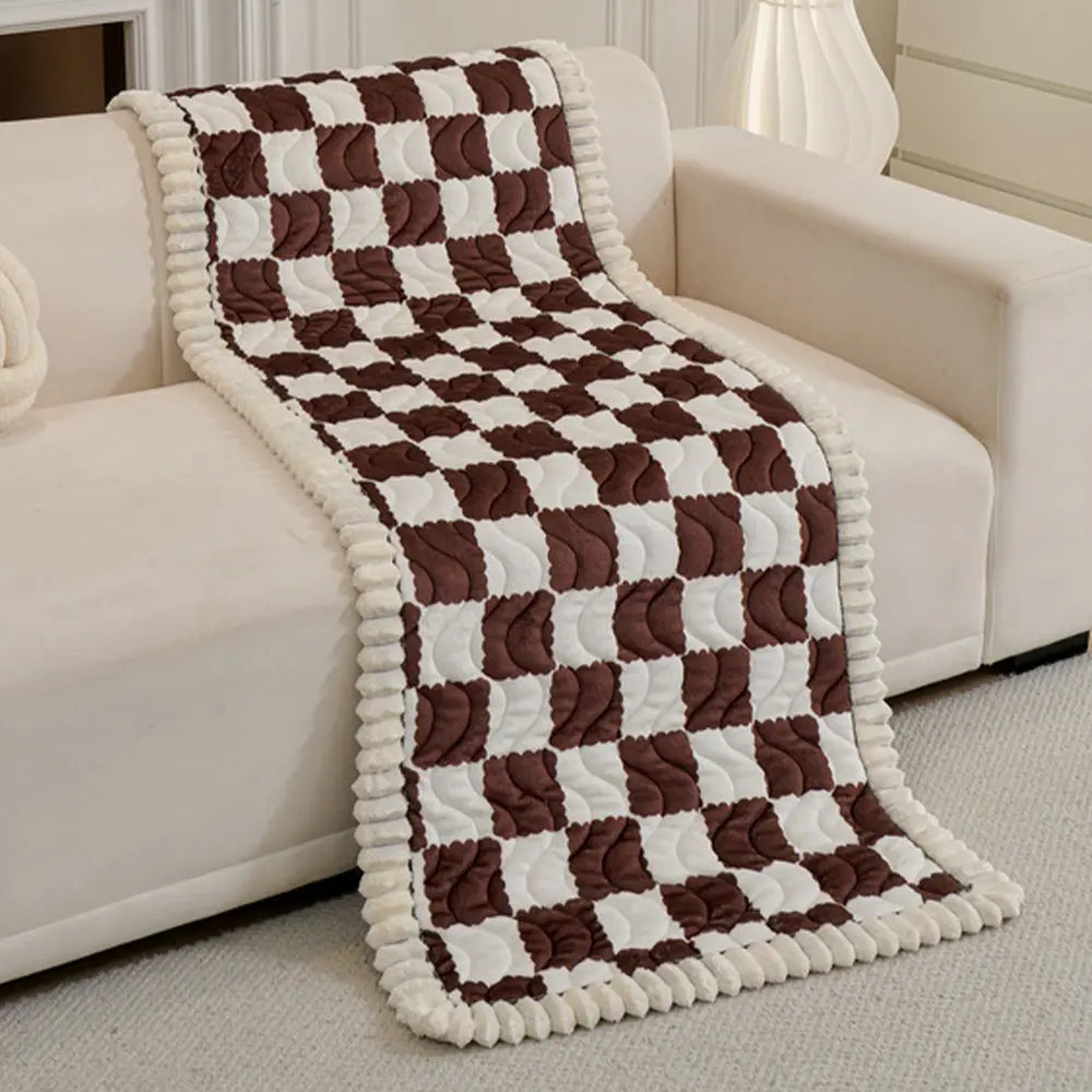 Checkered Velvet Sofa Pad Anti-Slip Quilted Couch Cover