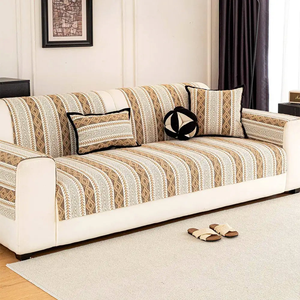 Color-Blocked Striped Chenille Non-Slip Couch Cover - Suitable For All Seasons