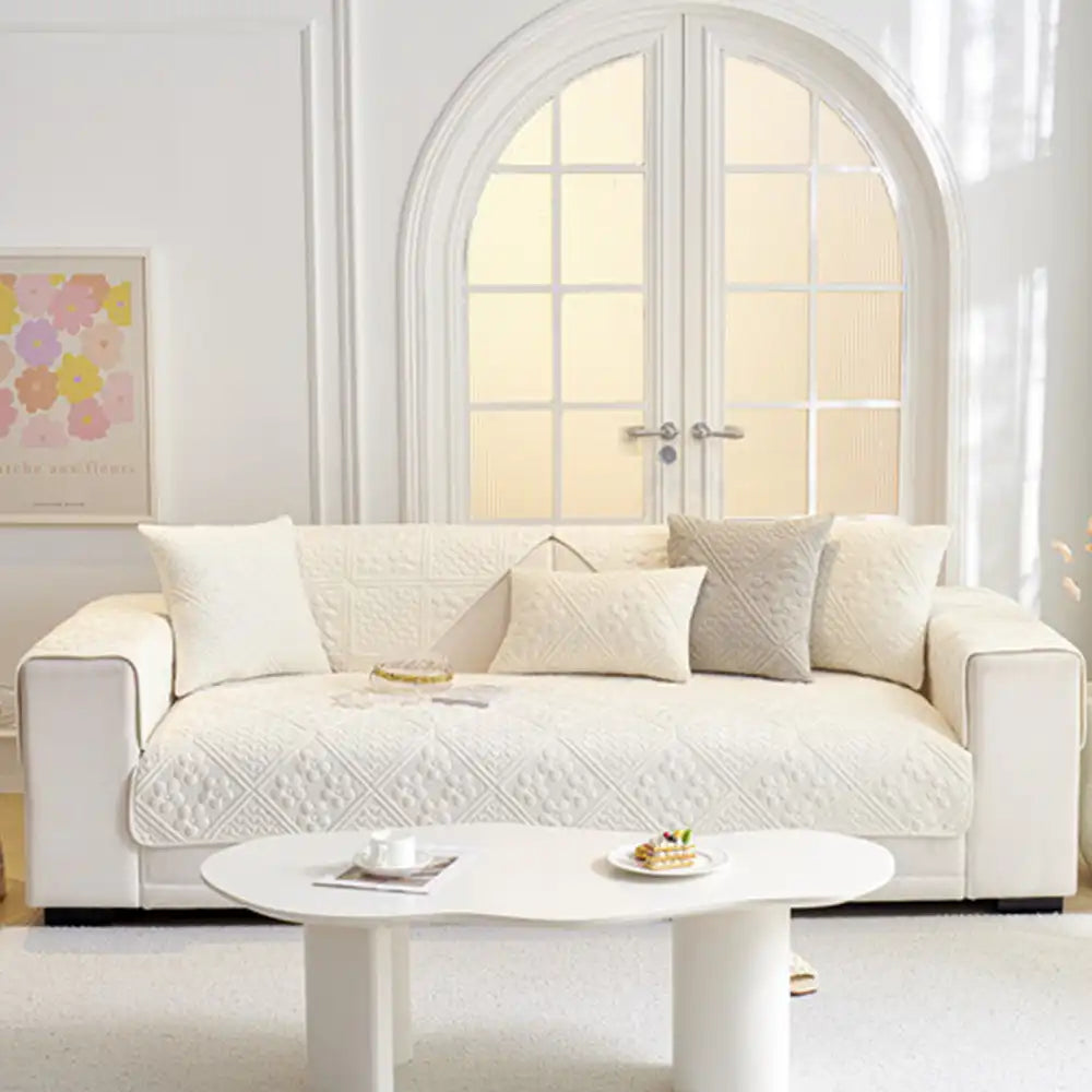Embossed Geometric Pattern Soft Plush Quilted Non-Slip Couch Cover