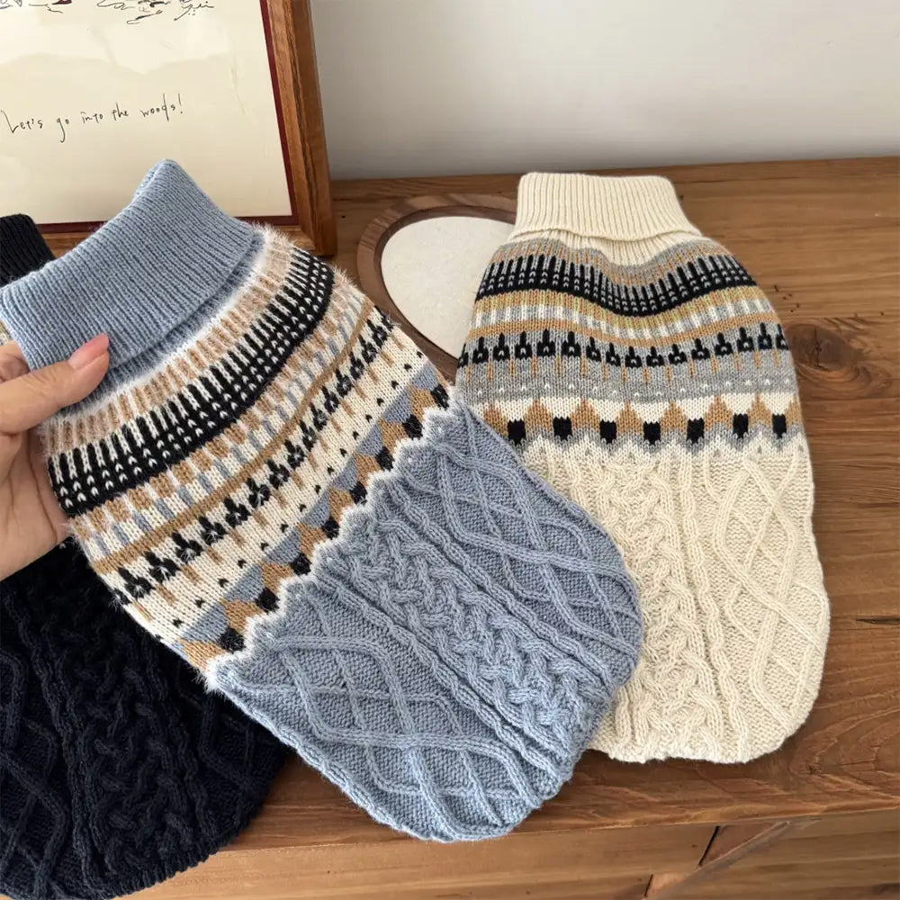 Fair Isle Pattern Knitted Linen Dog Sweater with Classic Collar