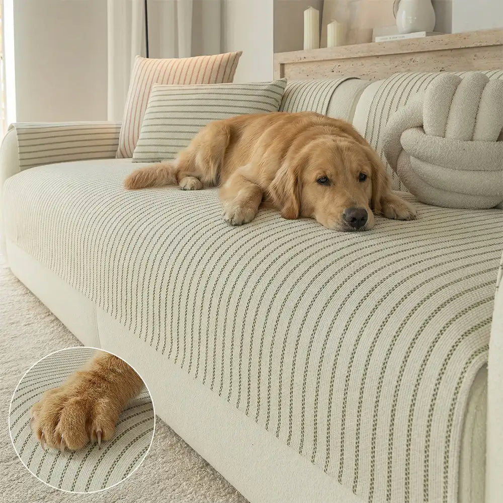 Faux Cotton-Linen Chenille Striped Breathable Scratch-Resistant Couch Cover