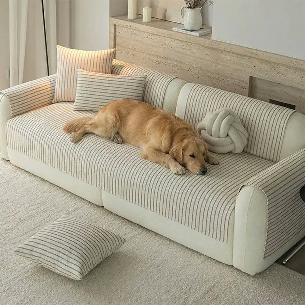 Faux Cotton-Linen Chenille Striped Breathable Scratch-Resistant Couch Cover