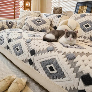 Modern Geometric Thick Plush Anti-Scratch Non-Slip Couch Cover
