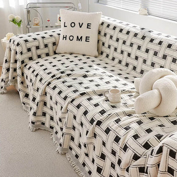 Stylish Checkered Fringed Tassel Chenille Sofa Protector Throw Couch Cover