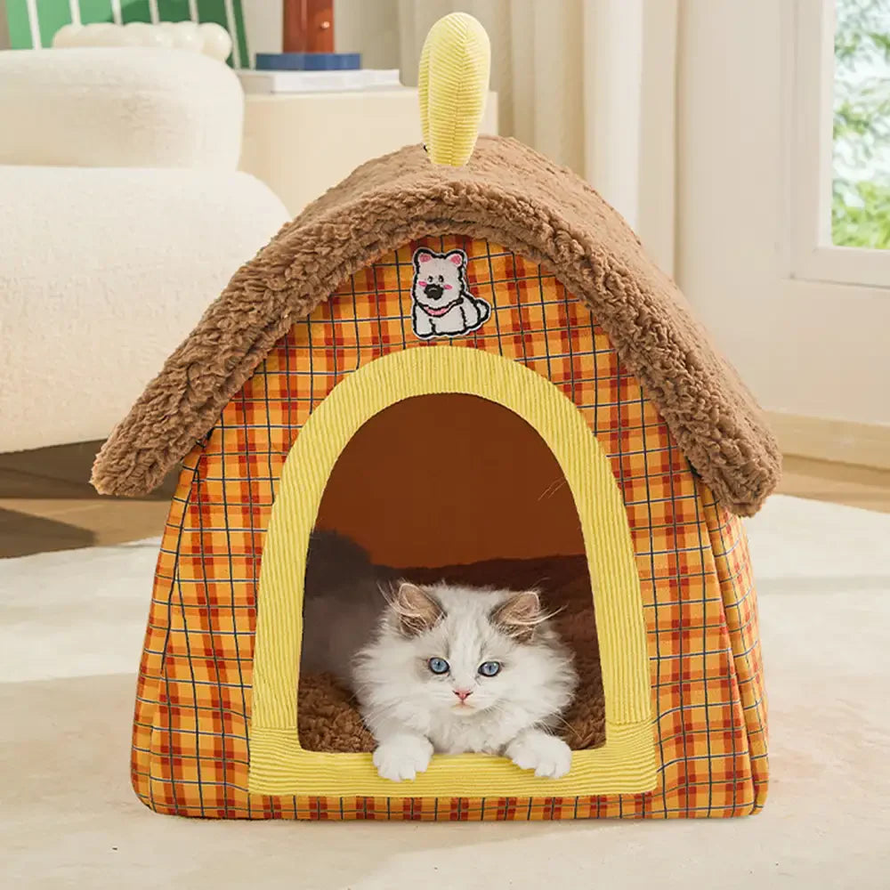 Vintage Plaid Cozy Plush Warm Foldable Cat Cave Dog House