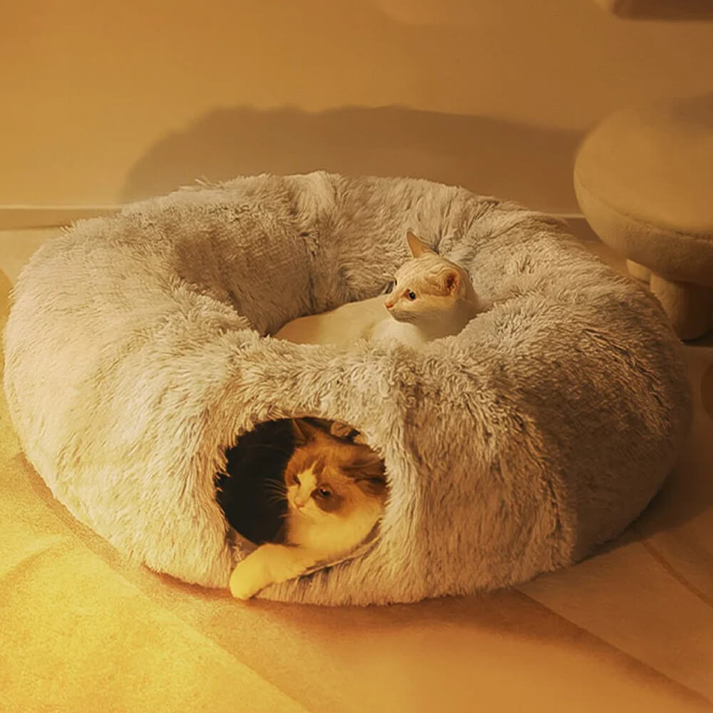 2 in 1 Foldable Indoor Soft Round Cat Tunnel Bed - FUNNYFUZZY