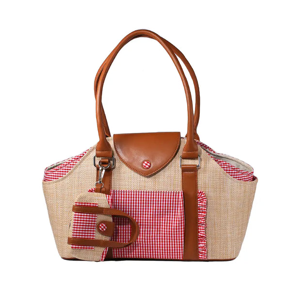 Portable Faux Woven Water-Repellent Pet Carrier Bag with Poop Bag Dispenser
